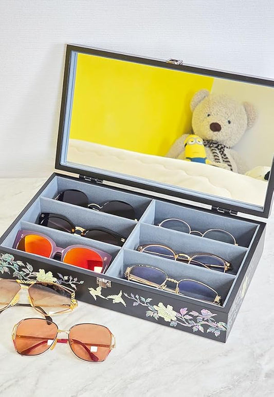 Antique Alive Mother of Pearl Wood Sunglasses Box Eyeglasses Valet Display Storage Case for Glasses Jewelry Trinkets Accessory Organizer (Peacock Black)