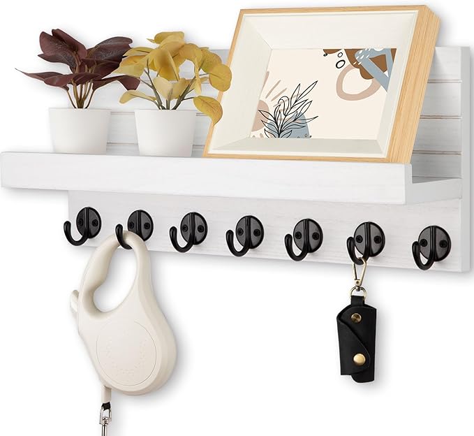 Key Holder Wall Mount, Entryway Key and Mail Holder with 7 Sturdy Hooks for Sunglasses, Dog Leash, Decorative Wall Shelf with Mounting Hardware, 15”W x 6.7”H x 4.2”D (White)