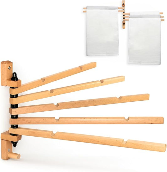 Swivel Towel Rack - Clothes Drying Rack Wall Mounted - Crafted with Rustic Hard Wood - 5 Durable Rods, Stylish and Home Docor Design for Bathroom, Laundry Room