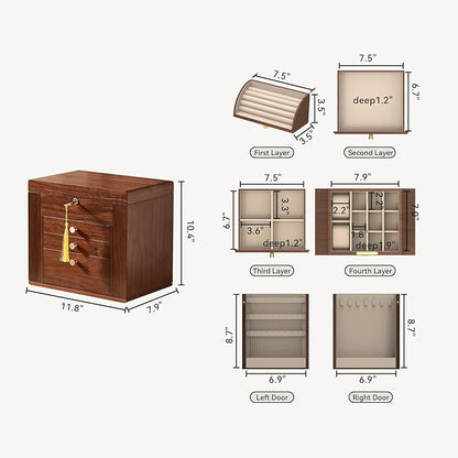 CHOSIN Black Walnut Wooden Jewelry Box, 4-Layer Lockable Organizer with Mirror, Rotatable Ring Holder,Side Doors & Brass Handle, Classical Design for Rings, Necklaces, Earrings, Christmas Gifts