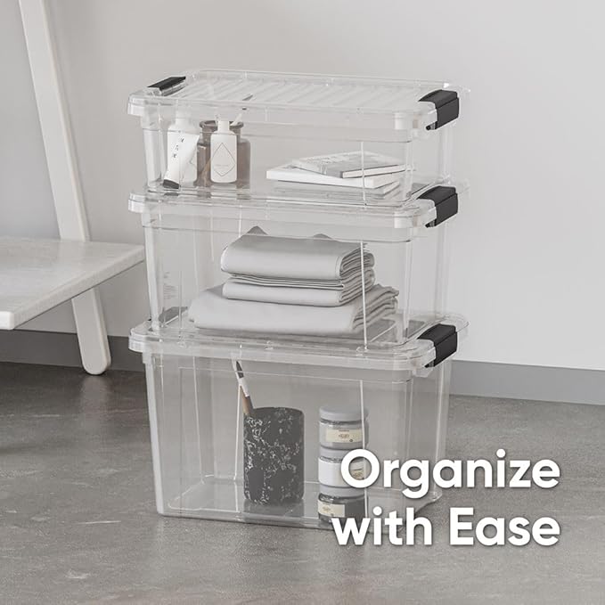 Superio Clear Storage Boxes with Lids, Plastic Container Bins for Organizing, Stackable Crates, BPA Free, Non Toxic, Odor Free, Organizers for Home, Office, School, and Dorm,12 Qt, 6 Pack