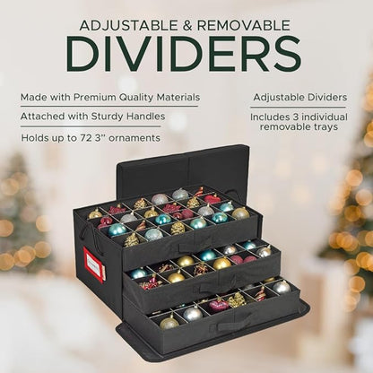 HOLDN’ STORAGE Christmas Ornament Storage Box with Dividers, Holds 72 Ornaments (3 Inch), Large Ball Storage Container with 3 Removable Trays, Durable and Portable - Black
