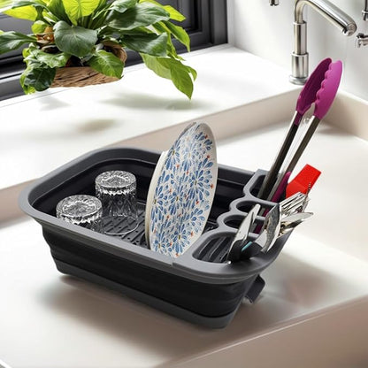 SAMMART Collapsible Dish Drainer with Drainer Board - Foldable Drying Rack Set - Portable Dinnerware Organizer - Space Saving Kitchen Storage Tray (1, Grey/Black)