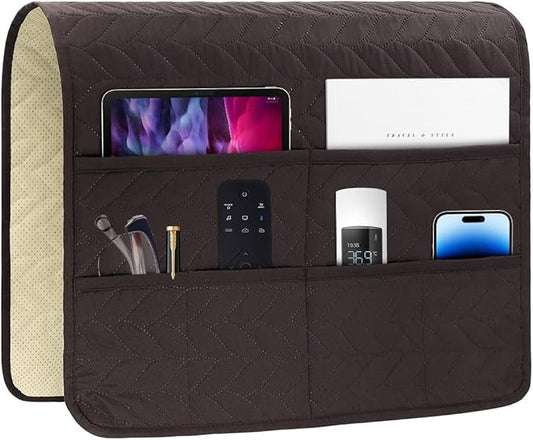 HADEEONG Sofa Armrest Organizer Arm Chair Caddy for Recliner, Remote Control Holder for Recliner, Non-Slip Armchair Caddy with 6 Pockets Storage for Magazine, Chocolate