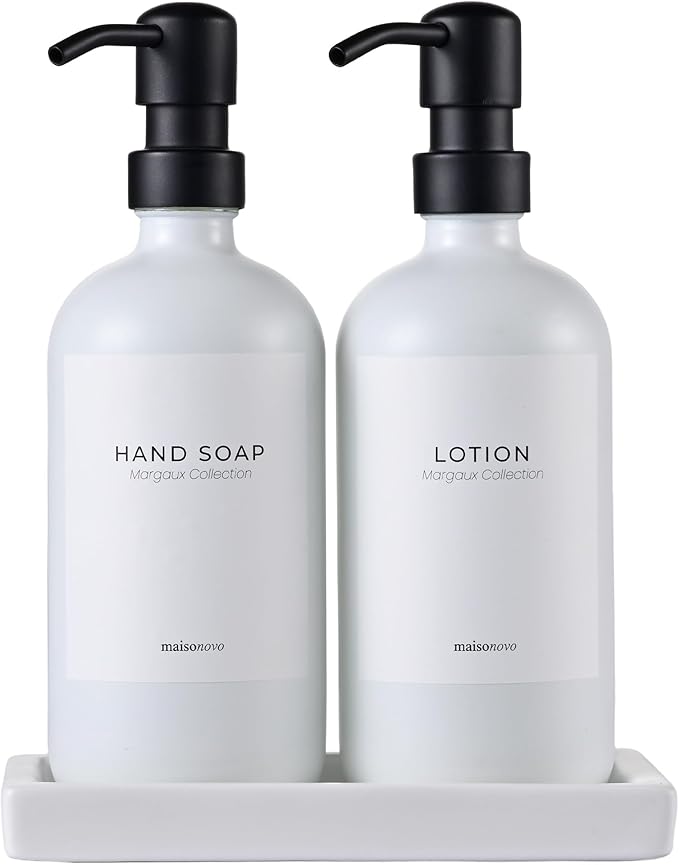 MaisoNovo Soap Dispenser 3-Piece Set | 16.9oz White Bottles Black Plastic Pumps with Ceramic Tray