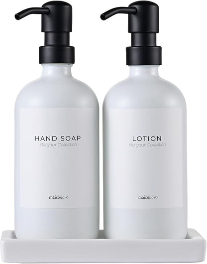 MaisoNovo Soap Dispenser 3-Piece Set | 16.9oz White Bottles Black Plastic Pumps with Ceramic Tray
