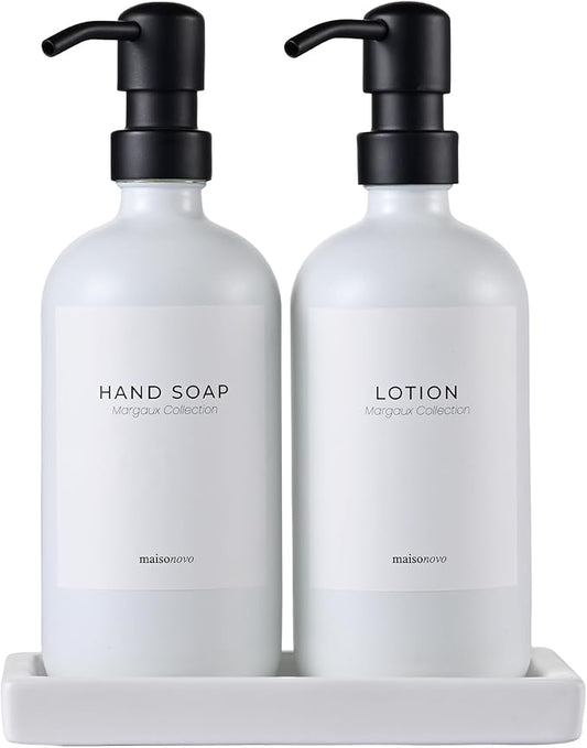 MaisoNovo Soap Dispenser 3-Piece Set | 16.9oz White Bottles Black Plastic Pumps with Ceramic Tray