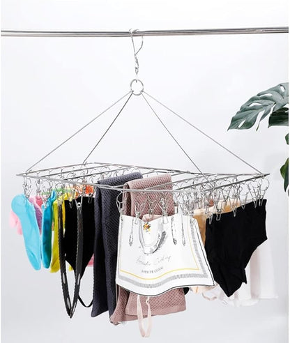 [2 Pack] Folding Clothes Drying Hanger with 72 Clips Totally, Stainless Steel Space Saver Washline Dryer Rack with Peg for Sock, Underwear, Baby Clothes and Delicate Washes