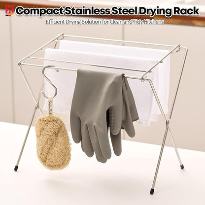 Stainless Steel Dishcloth & Towel Drying Rack for Kitchen Countertop, 6 Arms, Foldable Compact Design with Non-Slip Rubber Caps, Minimalist Storage, 11.02 in x 7.48 in x 10.63 in