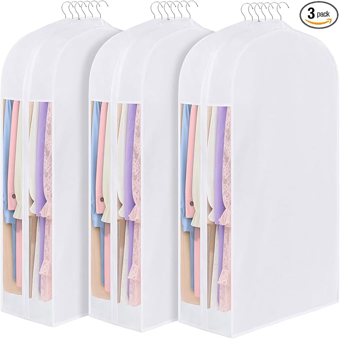 Kntiwiwo 43" Cotton Garment Bag for Hanging Clothes and Storage, Breathable Suit Bags for Closet Storage with 10" Gusseted & Large Clear Window for Suits, Short Dresses, Jackets, Sweaters, 3 Pack
