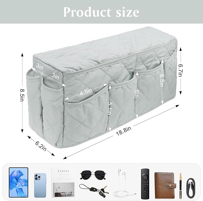 HADEEONG Remote Control Holder, Non Slip Bedside Armchair Caddy, Recliner Arm Caddy Armrest Organizer with 14 Pockets for Cell Phone TV Remote Control Magazines, Light Gray