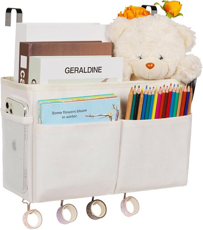 Frjjthchy Bedside Storage Organizer 5 Pockets with 4 Hooks Hanging Storage Bag for Headboards/Bunk Bed (White)