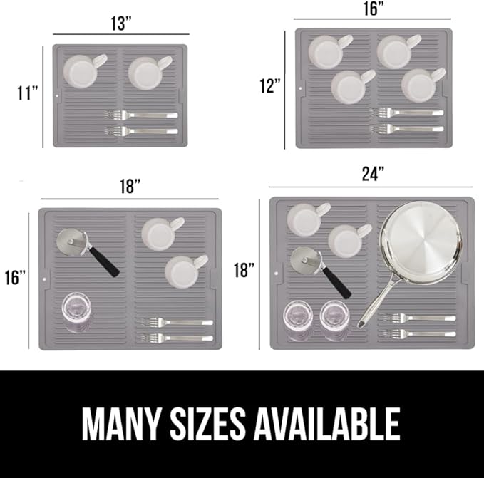 GORILLA GRIP 100% BPA-Free Patented Silicone Dish Drying Mat for Kitchen Counter, Water Catching Ribbed Design, Easy Clean Waterproof Sink Liner, Heat Resistant, Fits Under Rack, 12x16 Inch, Gray