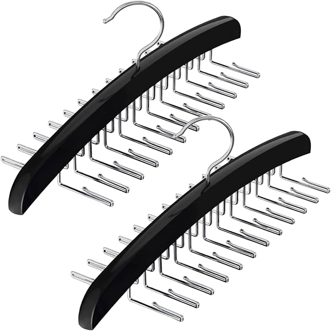 2 Pcs Solid Wood Tie and Belt Rack Hanger, 24 Hook Closet Organizer for Scarves and Accessories, 360 Degree Swivel, Space Saving Black Finish