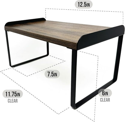 Mitus Shelf Organizer and Storage, Tiered Wood Cabinet Rack for The Kitchen Counter, Bathroom Counter, Pantry Cupboard, Office Desk Bookshelf, 12" Wide Walnut Brown and Black