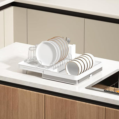 YOJIA Stainless Steel Dish Drying Rack, Extendable Dish Drainer Rack, Drainboard, Detachable Cup Shelf, Rustproof Multifunctional Organizer for Kitchen Counter, Cup Holders, Utensil Holder (14-White)