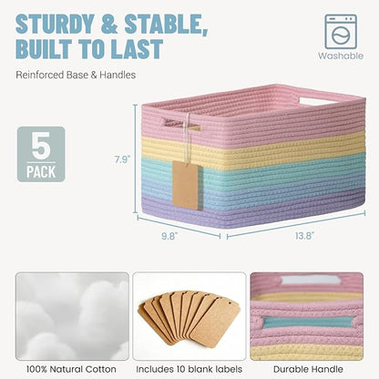 5 Pack Rainbow Woven Storage Baskets for Shelves, Decorative Toy Baskets Organizer for Kids Room, Nursery, Playroom, Classroom – Colorful Cotton Rope Toy Storage Bins for Organizing & Decor