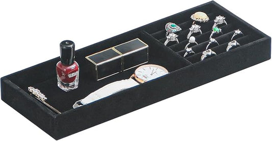 Divided Drawer Organizer - Velvet Jewelry Storage Tray for Necklace, Bracelet, Ring, Earring Display - Bedside Nightstand Desk Holder for Phone, Watch, Sunglasses, Cosmetics Storage - Black, 2 Grid