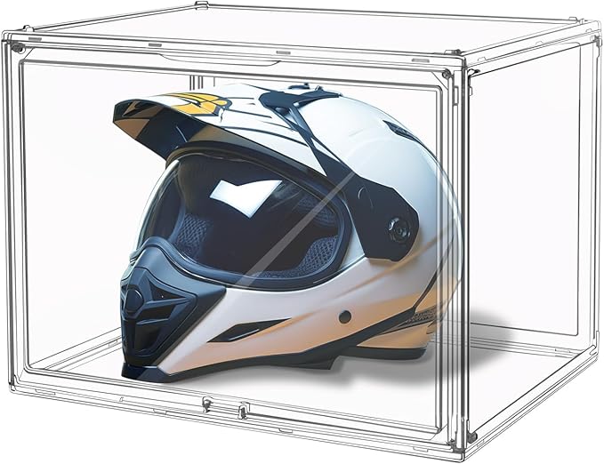 GUDEMAY Large Clear Stackable Plastic Storage Bins with Door, Dustproof Figure Collectibles Display Case, Football & Motorcycle Helmet Showcase, Basketball, Sports Memorabilia Organizer (XL, Count, 3)
