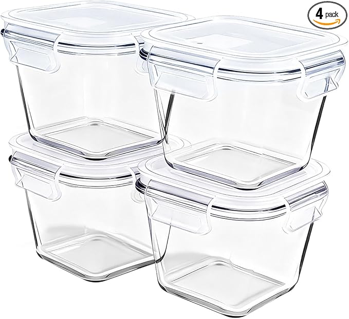 H.JSS WDJS 4 Cup Square Borosilicate Glass Food Storage Containers, 32oz Tall Glass Soup Containers with Lids, Large Square Meal Prep Bowl for Food, Salad, Lunch, Deli, Microwave, Freezer Saf (4Pack)