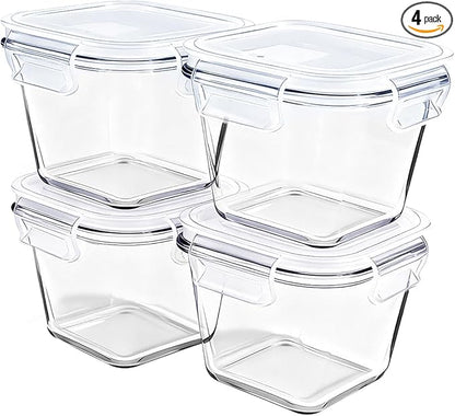 H.JSS WDJS 4 Cup Square Borosilicate Glass Food Storage Containers, 32oz Tall Glass Soup Containers with Lids, Large Square Meal Prep Bowl for Food, Salad, Lunch, Deli, Microwave, Freezer Saf (4Pack)