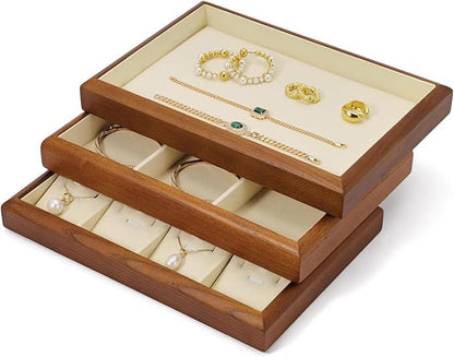 Solid Wood 12 Grids Jewelry Tray Stackable Jewelry Drawer Organizer Showcase Display Organizer Tray for Rings Earrings(Beige)