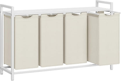 VASAGLE Laundry Hamper, Laundry Basket, Laundry Sorter with 4 Pull-Out and Removable Bags, Shelf, Metal Frame, 4 x 10.6 Gallons (40 L), 45.7 x 13 x 28.4 Inches, Cream White and Cloud White UBLH401W01