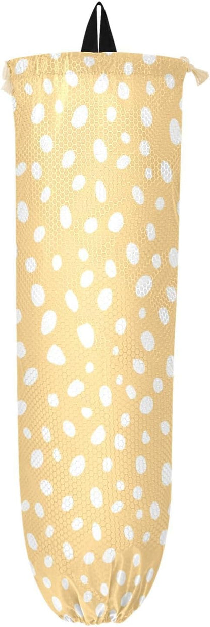 1 PC Plastic Bag Holder Wall Mount Grocery Bag Holder Shopping Bag Trash Bag Storage Organizer Dispenser for Kitchen Closet 22 x 9 Inch White Dots Yellow