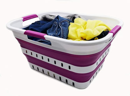 SAMMART 30L (8 gallon) Collapsible 3 Handled Plastic Laundry Basket - Foldable Pop Up Storage Container/Organizer - Space Saving Hamper/Basket (White/Purple)