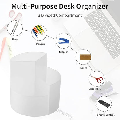 Desk Pencil Pen Holder, 3 Slots 360-Degree Spinning Organizers, Desktop Storage Stationery Supplies, Cute Cup Pot for Office, School, Art Supply, Kids - Clear