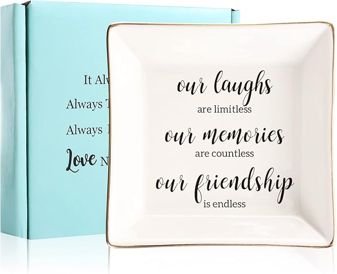 JOYIMARR Endless Friendship Gifts Ceramic Ring Dish Jewelry Tray,Birthday Gifts For Best Friend-Our Laughs Are Limitless,Our Memories Are Countless,Our Friendship Is Endless