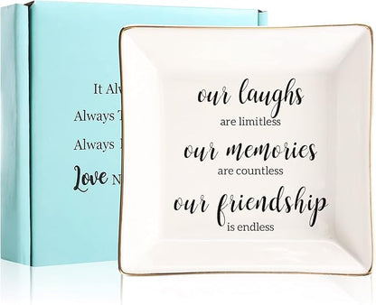 JOYIMARR Endless Friendship Gifts Ceramic Ring Dish Jewelry Tray,Birthday Gifts For Best Friend-Our Laughs Are Limitless,Our Memories Are Countless,Our Friendship Is Endless