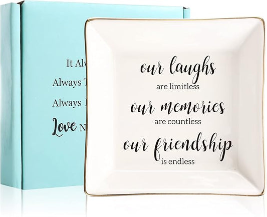 JOYIMARR Endless Friendship Gifts Ceramic Ring Dish Jewelry Tray,Birthday Gifts For Best Friend-Our Laughs Are Limitless,Our Memories Are Countless,Our Friendship Is Endless