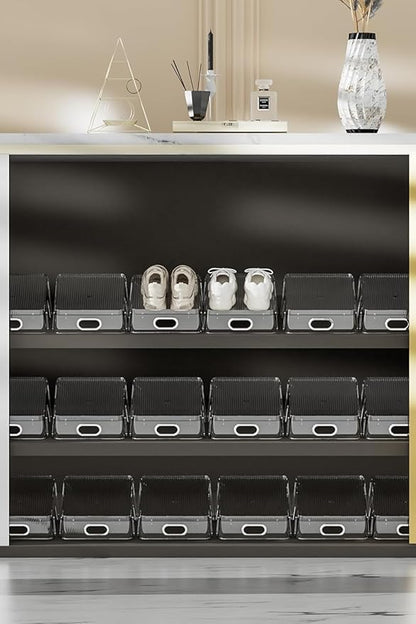 Double Layer Shoe Slots Organizer 9.84” X 9.05” X 5”In Stacker Space-Saving Storage Holder - Transparent Plastic Shoe Rack For Closet Shelf (Black, 6pack)