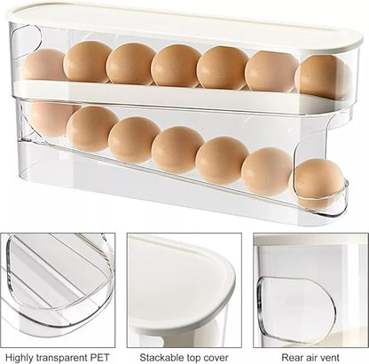 Auto Rolling 2 Tier Eggs Holder Fridge Organisers 30.3 X 8.5 X 14.2 Cm Egg Dispenser Kitchen Roll Down Stackable With Lid Trays Egg Storage Box For Fridge & Kitchen Countertop