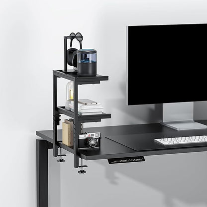 Spacrea clamp on Desk Shelf, 2 Tier Office Desk Shelves Organizer, Wood Desktop Supplies Storage Rack, Desk Organizers and Accessories (Black)