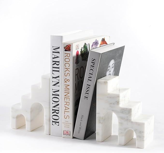 Decorative Natural Marble Book Ends for Shelves, Aesthetic Stone Bookends for Heavy Books, Unique Castle Book Holder/Stopper for Chic Home, Office, or Library Any Bookshelf Decor, Set of 2 (White)