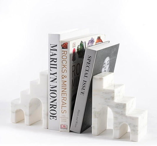 Decorative Natural Marble Book Ends for Shelves, Aesthetic Stone Bookends for Heavy Books, Unique Castle Book Holder/Stopper for Chic Home, Office, or Library Any Bookshelf Decor, Set of 2 (White)