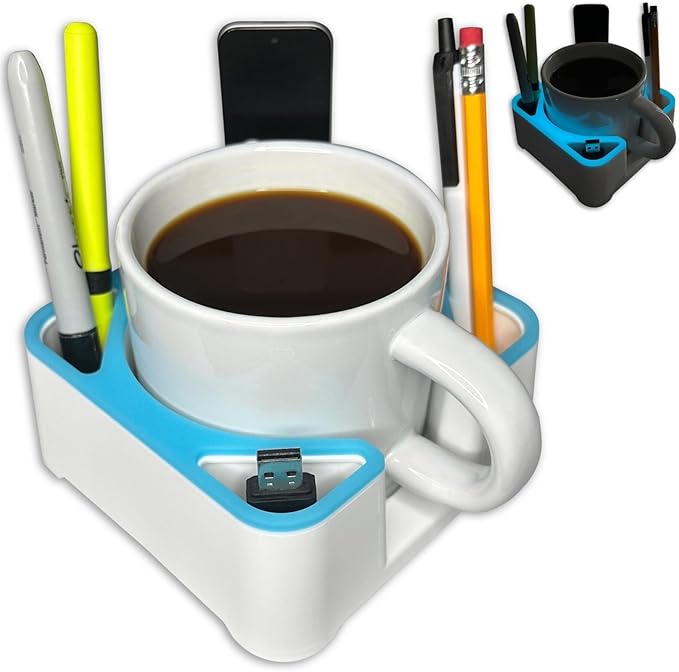 MugBrick Spill-Proof Mug Holder and Desk Organizer. Non-Tip Coffee Cup Holder with Pockets for Pens and Small Remotes. Ideal for Bed, Desktop or Couch, Gift for Coffee Drinkers, White + Blue Glow