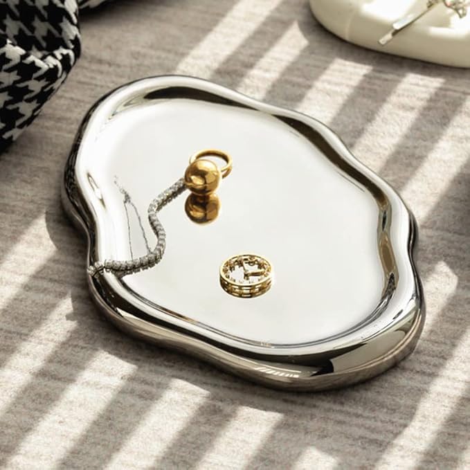 CESTATIVO Jewelry Dish Tray, Ring Dish, Ceramic Trinket Small Key Mother's Day, Christmas, Thanksgiving, Birthday Gift for Mother Daughter Friends Silver