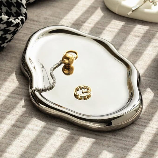 CESTATIVO Jewelry Dish Tray, Ring Dish, Ceramic Trinket Small Key Mother's Day, Christmas, Thanksgiving, Birthday Gift for Mother Daughter Friends Silver