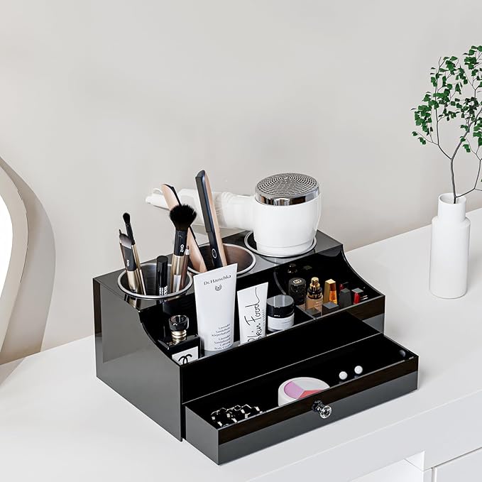 Hair Tool Organizer, Acrylic Hair Blow Dryer Holder Stand for Straightener and Curling Storage, Bathroom Vanity Countertop Organization for Makeup Accessories (Black)