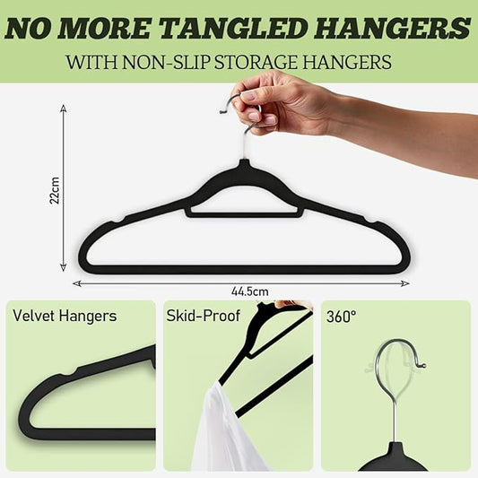 Velvet Hangers 30 Pack Felt Hangers Ultra Thin Non Slip Suit Adult Clothes Hangers 360° Swivel Hook Hanger Velvet Shoulder Notches for Closet Space Saving (Black Velvet)