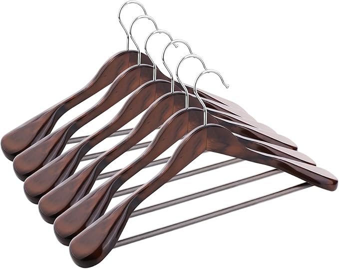 ABHENG Solid Wood Suit Hangers, 6 Pack, Coat Hangers with Non Slip Trouser Bar, 360° Swivel Hook, Heavy Duty Wide Hangers for Suit, Coat, Jacket, Trousers, Pants,17.3" W x 9" H, Dark Walnut AWY0406H
