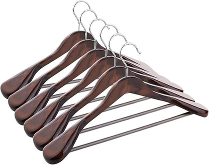ABHENG Solid Wood Suit Hangers, 6 Pack, Coat Hangers with Non Slip Trouser Bar, 360° Swivel Hook, Heavy Duty Wide Hangers for Suit, Coat, Jacket, Trousers, Pants,17.3" W x 9" H, Dark Walnut AWY0406H