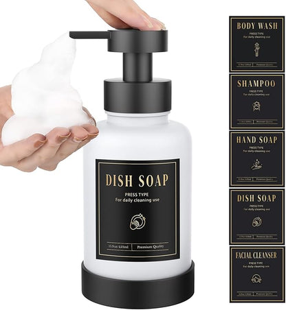 Luxspire Foaming Soap Dispenser, Glass Foam Pump Soap Dispenser, Non-Slip Hand Soap Container with 5 Waterproof Labels, 15 Oz Refillable Liquid Soap Holder for Bathroom & Kitchen, White, 1 Pack