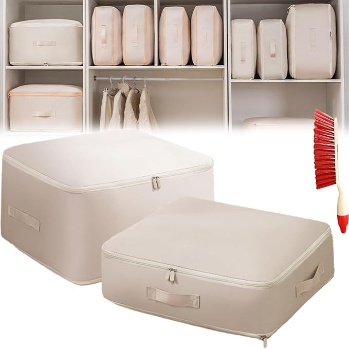 neoefogr Ultra Space Saving Self Compression Organizer, 3-Layer Washable Comforter Storage Bag, Compression Bags for Storage for Storing and Organizing Winter Blanket, Duvets (Large+Medium Oatmeal)