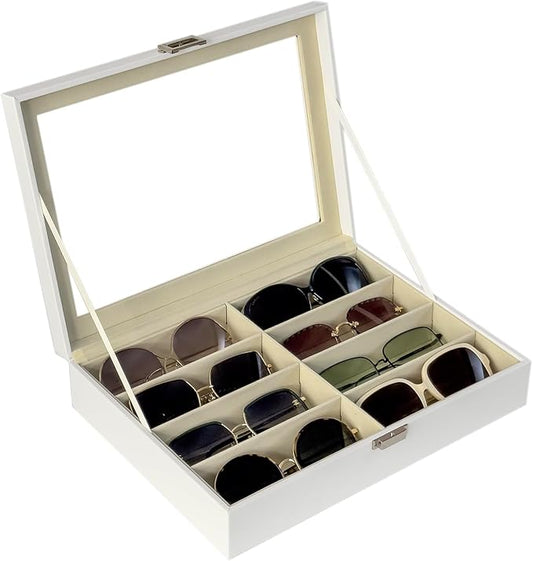 UnionPlus 8-Slots Eyeglass Sunglass Glasses Organizer Collector - Faux Leather Storage Case Box for Men Women's Glasses, White