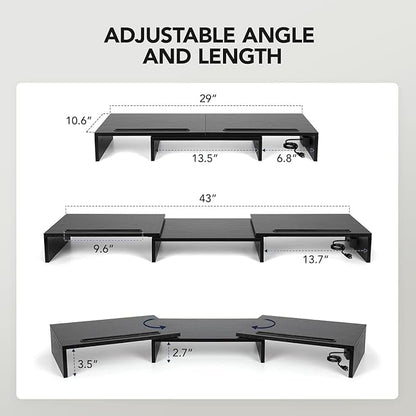 HUANUO Dual Monitor Stand -Monitor Stand with USB ports ,Adjustable Length and Angle, Dual monitor riser w/ Desktop Socket, Monitor Stand Riser for PC, Computer, Laptop (Black)