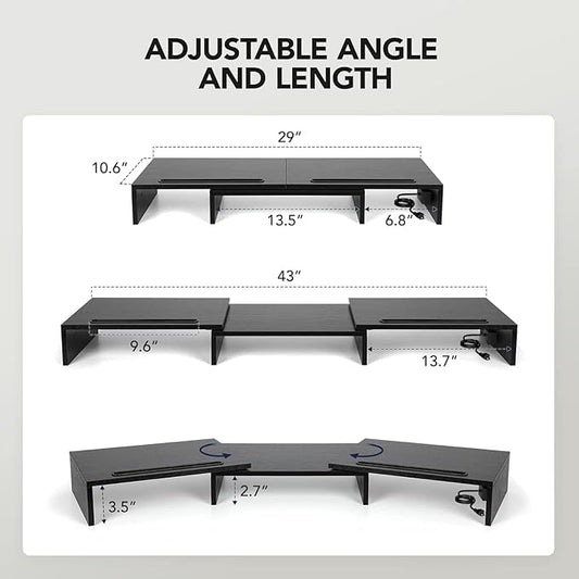 HUANUO Dual Monitor Stand -Monitor Stand with USB ports ,Adjustable Length and Angle, Dual monitor riser w/ Desktop Socket, Monitor Stand Riser for PC, Computer, Laptop (Black)